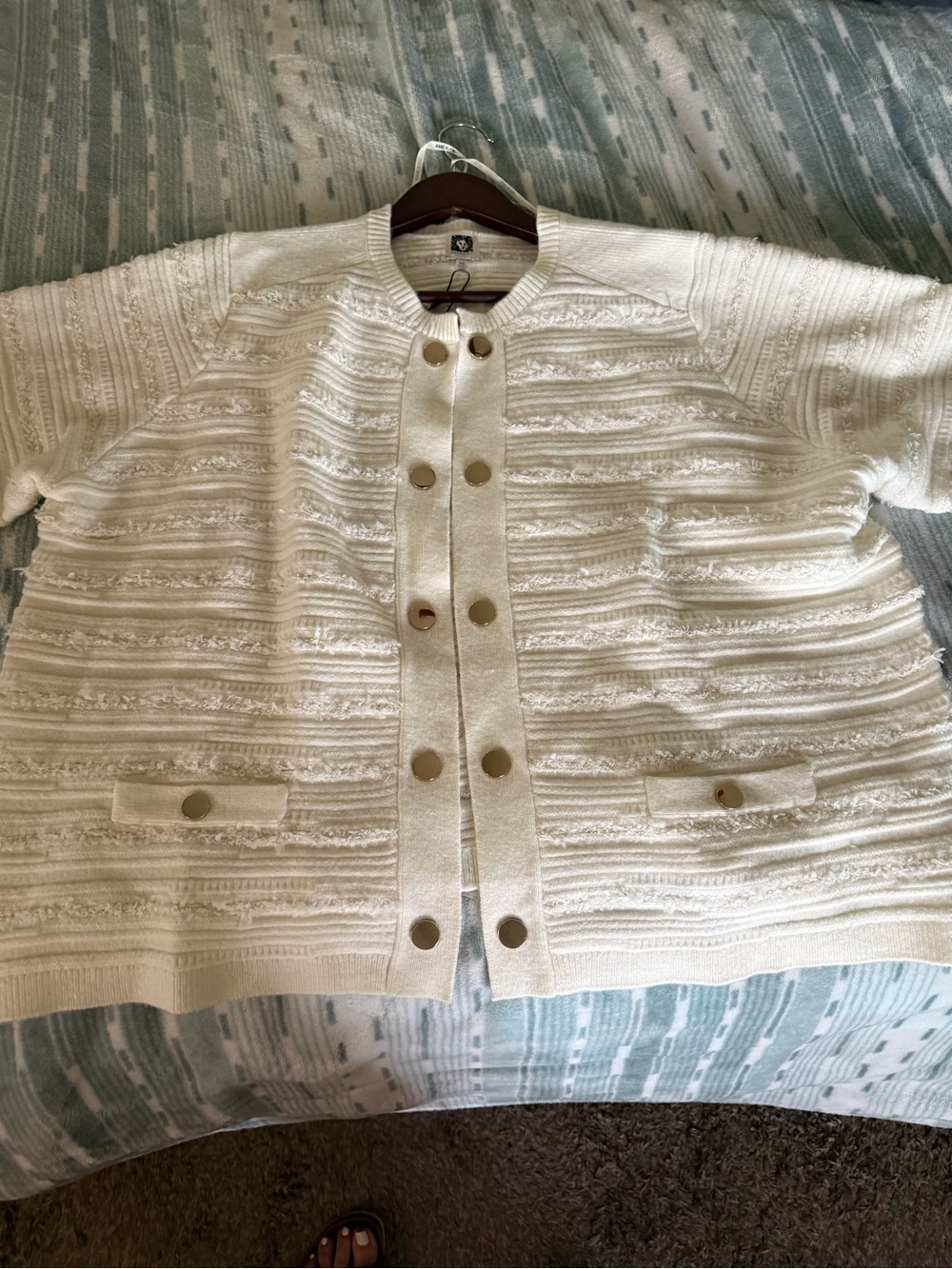 Anne Klein Ivory Textured Button Cardigan